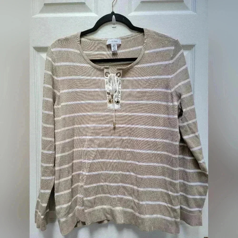 Calvin Klein Lace Front Striped Long Sleeve Shirt Size Large